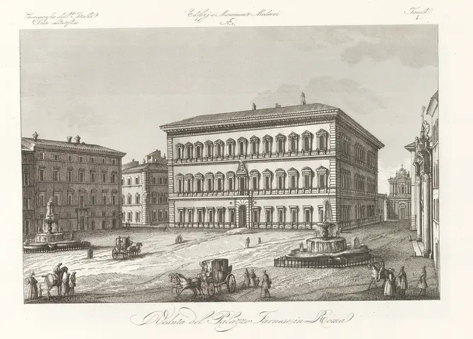 Palazzo Farnese - Atlante illustrativo, ossia Raccolta dei principali monumenti italiani antichi, del Medioevo e moderni e di alcune vedute pittoriche, per servire di corredo alla corografia. Di Attilio Zuccagni Orlandini (1845). Volume 2°, contenente i principali monumenti antichi, del Medioevo e moderni ed alcune vedute pittoriche del Granducato di Toscana e dello Stato Pontificio, in tavole 92. Phaidra - Collezioni digitali: <a rel="nofollow" class="external free" href="https://phaidra.cab.unipd.it/detail/o:328838?mycoll=o:328687">https://phaidra.cab.unipd.it/detail/o:328838?mycoll=o:328687</a> 2/9