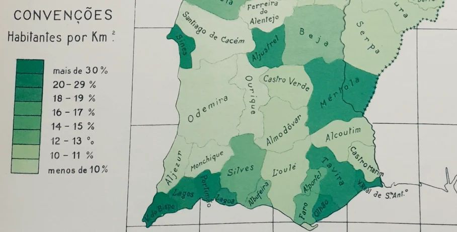 Industrial population per km² in the Algarve and Baixo Alentejo, 1930 — Tavira sits at the Algarve average. GIRÃO, A. de Aristides, Atlas de Portugal, Coimbra, 1941. Reproduced from Faísca 2024.