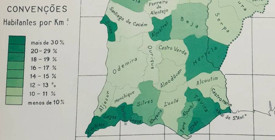 Industrial population per km² in the Algarve and Baixo Alentejo, 1930 — Tavira sits at the Algarve average. GIRÃO, A. de Aristides, Atlas de Portugal, Coimbra, 1941. Reproduced from Faísca 2024.
