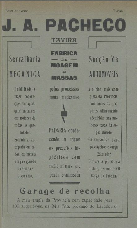 J.A. Pacheco's advertisement in the local newspaper: metal workshop, flour and pasta factory, bakery, automobile department and a garage for 100 vehicles. O Povo Algarvio. Reproduced from Faísca 2024.