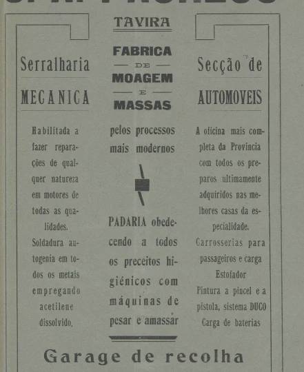 J.A. Pacheco's advertisement in the local newspaper: metal workshop, flour and pasta factory, bakery, automobile department and a garage for 100 vehicles. O Povo Algarvio. Reproduced from Faísca 2024.