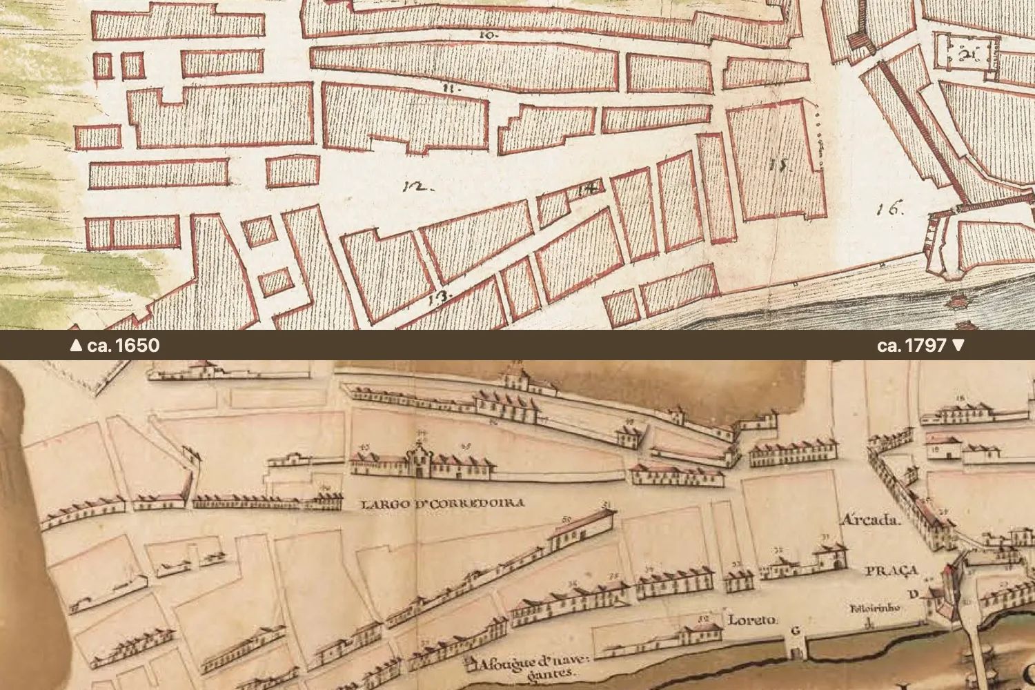 The same quarter on two maps: at the top c. 1650, when the block around Rua da Silva did not yet exist; at the bottom c. 1797, when it had appeared. Details from Leonardo de Ferrari, Planta de la ciudad de Tavilla [c. 1650-1655], Krigsarkivet/Swedish Military Archives, SE/KrA/0414/0025/0011, and José de Sande Vasconcelos, Borrão do alçado da planta de Tavira [c. 1797], Acervo da Fundação Biblioteca Nacional – Brasil.