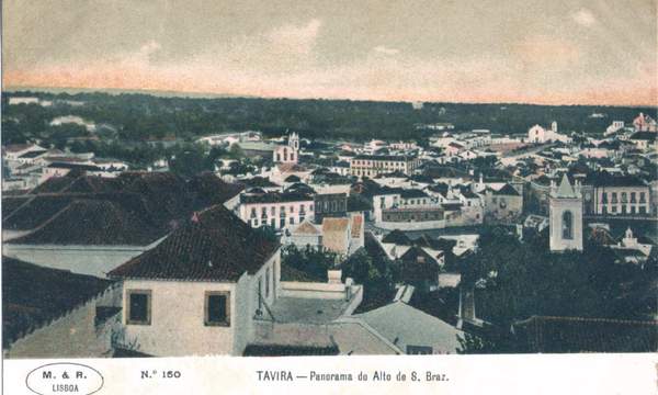 Ermida de São Brás - Postal M. & R. (Lisboa) n.º 150 «Panorama do Alto de S. Braz», carimbo de 1909 · Col. A. Monge da Silva · <a href="https://arquivo.pt/noFrame/replay/20240512221721/http://ww3.aeje.pt/avcultur/avcultur/Postais4/Tavira02.htm">Aveiro e Cultura – Arquivo Digital</a> 5/5